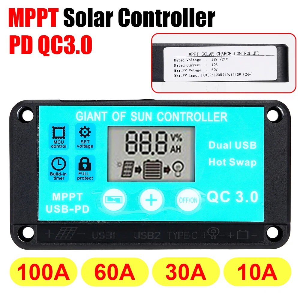 Mppt-controlador de Carga Solar 12v 24v 10100a Proteção Múltipla Carregamento Rápido Lcd Carregador de Bateria 3.0 Regulador Solar com Carga