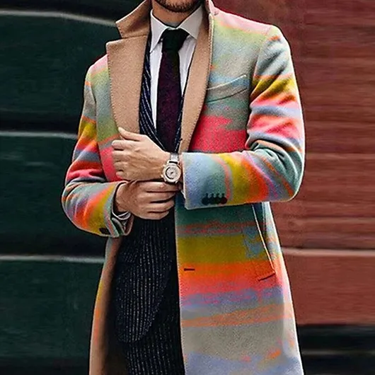 2024 Spring Men's European and American Foreign Trade New Leisure Printed Woolen Medium length Coat Men's Woolen Coat Men's