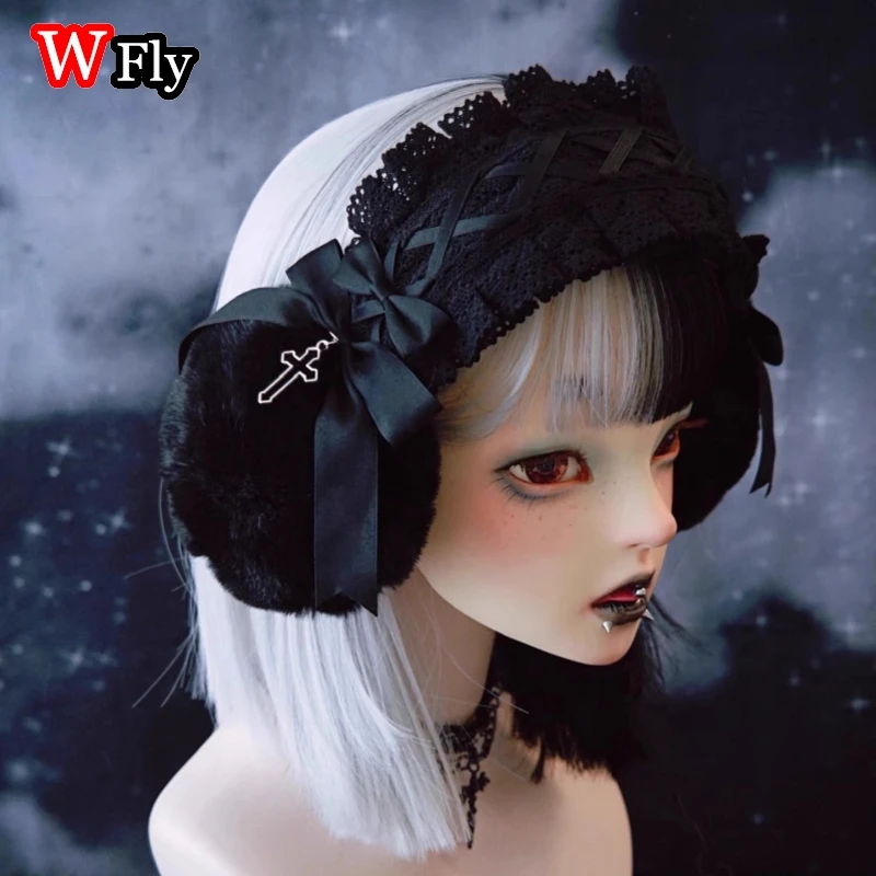Lolita Women&rsquo;s Harajuku Steampunk Y2K GIRLS lace bow Cross pendant keep warm headband Plush foldable earmuffs Earmuff Ear Muff warm earmuffs