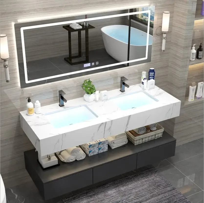 Modern Design Plywood Bathroom Vanity Cabinet With LED Smart Mirror And Basin Sink For Villas