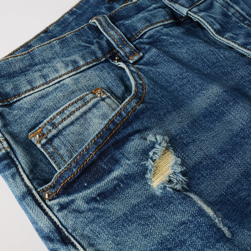 Street Fashion Men Jeans Retro Washed Blue Stretch Skinny Ripped Jeans Men Yellow Leather Patched Designer Hip Hop Brand Pants 3