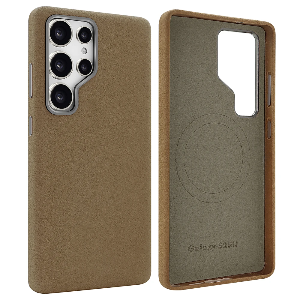 Premium Faux Suede Leather Magnetic Phone Case with Metal Camera Lens & Wireless Charging Compatibility