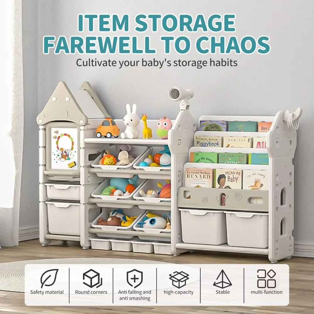 UNICOO-Kids Toy Storage Organizer and Children Bookshelf, with 14 Bins, Pull-Out Drawers Multipurpose Shelf for Toddlers