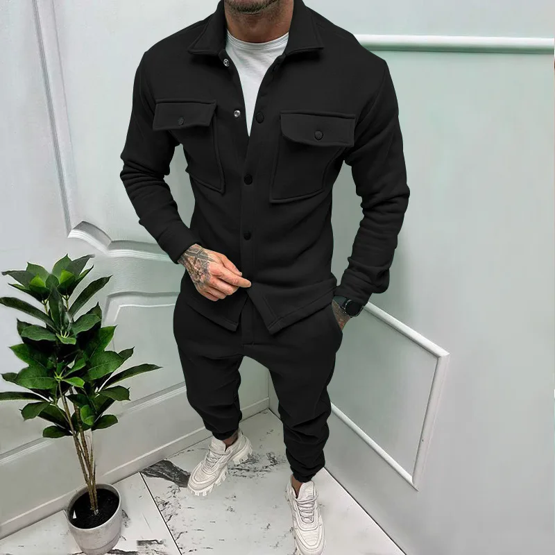 Autumn and Winter Fashion Men's Suede Single-breasted Solid Color Slim Two-piece Set