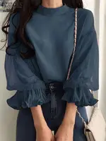 ZANZEA Women Elegant Party Blouse Vintage Mesh Ruffle 3/4 Sleeve Tops 2024 Autumn Stand Collar Shirts Korean Version Loose Tunic - Image 3