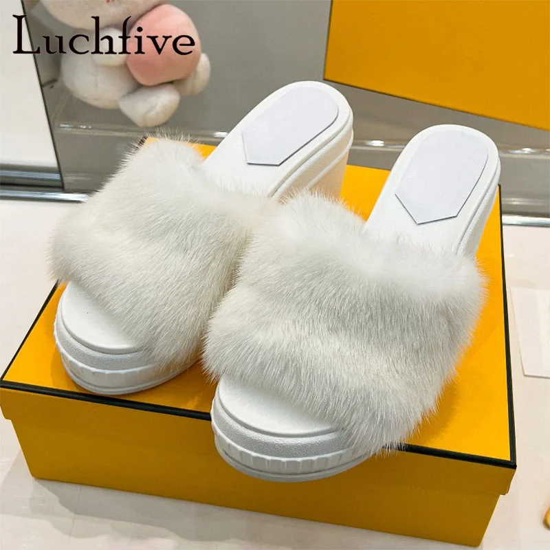 

High Quality Summer New Leather Fur Wedges Heels Slippers Women Slip On Peep Toe Mules Brand Sexy Party Dress Shoes Mujer