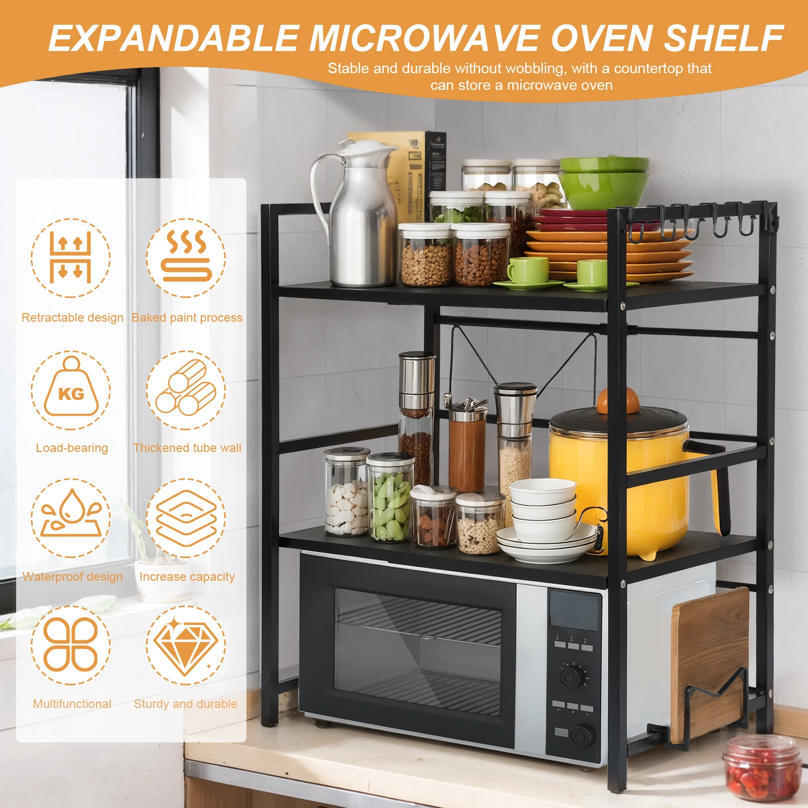 2 Tier Microwave Stand Wear Resist Seasoning Storage Rack Oven Organizer Shelf for Countertop Kitchen Utensils Tableware