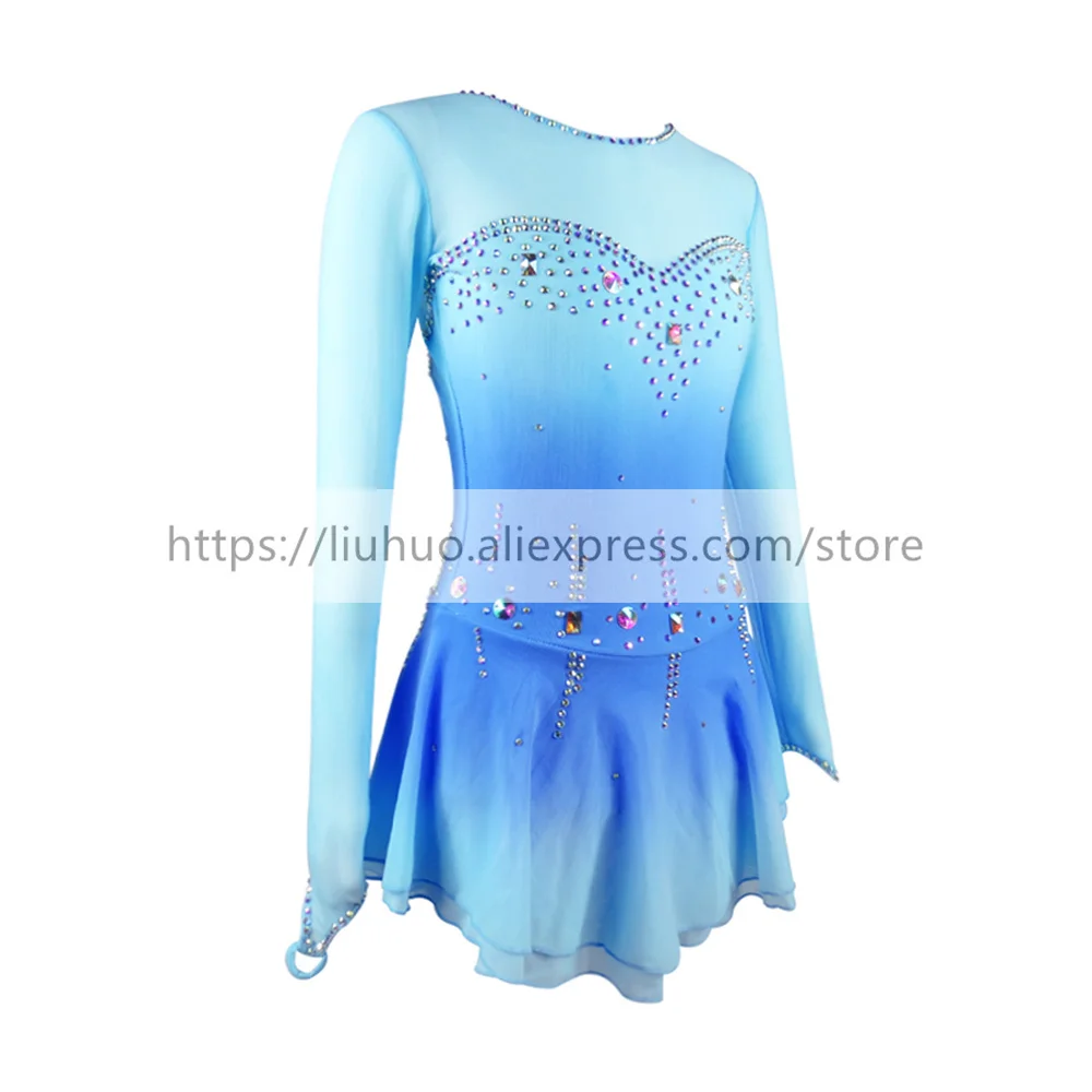 LIU HUO Kids Women's Girls' Figure Ice Skating Dress Ballet Dance Stage Performance Stretch Competition Costumes Blue Gymnastics