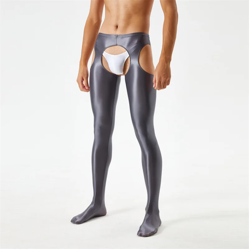 Oil Shiny Glossy Crotchless Pantyhose Men Wetlook Open Crotch Exotic Tights Women See Through Sexy Smooth Fitness Leggings Pants