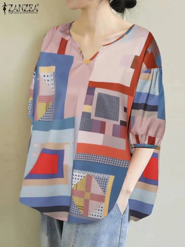 

Женские летние повседневные свободные Цветные топы ZANZEA, блузка с геометрическим принтом, модные топы с коротким рукавом, 2024 стильная женская рубашка с V-образным вырезом
