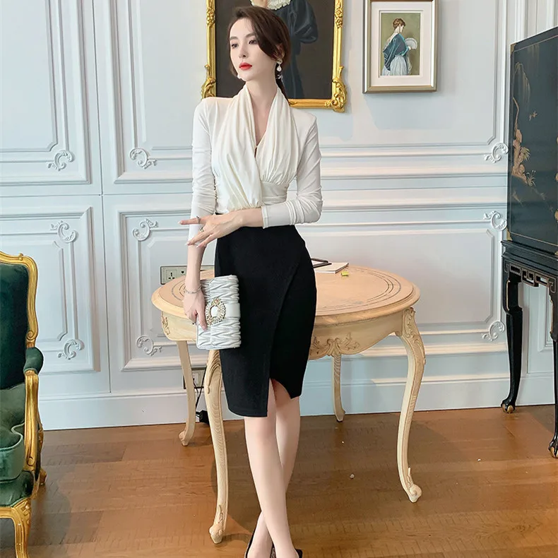

2022 Spring Ladies High End V Neck Bodycon Dress Autumn Women Office Wrap Patchwork Sheath Midi Dress Elegant Women's Vestidos