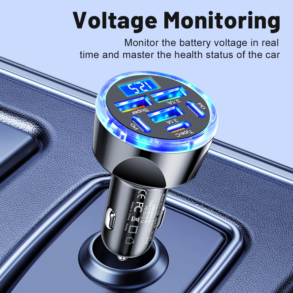 150W 6/8 Ports Car Charger Fast Charging PD QC3.0 USB C Car Phone Charger Type C Adapter in Car For iPhone Samsung Huawei Xiaomi