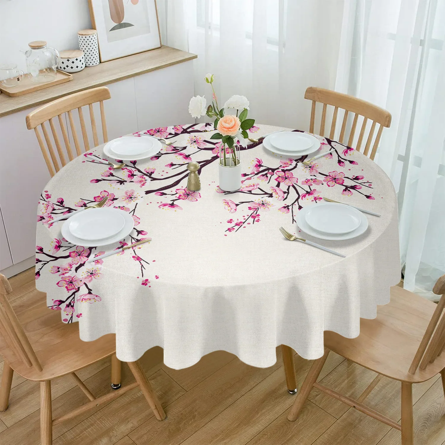 

Japanese Style Sakura Round Tablecloth Waterproof Table Cover for Wedding Party Decoration Dining Table Cover