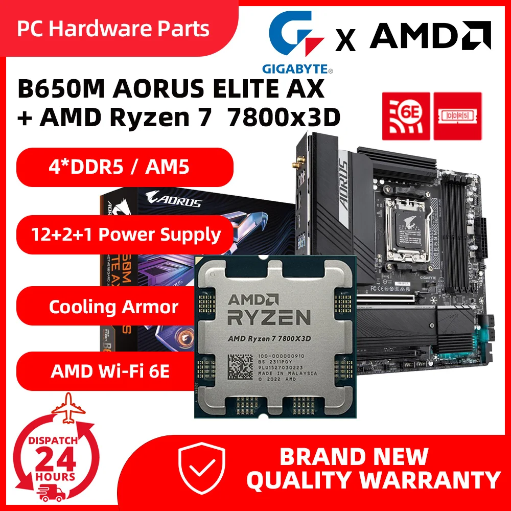AMD Ryzen 7 7800x3d + GIGABYTE B650M AORUS ELITE AX 마더보드, 더블 채널 MAX-128GB 메모리, Wi-Fi B650 메인보드