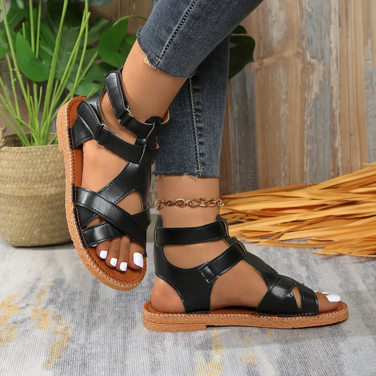 Summer 2025 New Export Sandals for Women, Cross-border Large-sized Roman Sandals, Cross-strap Flat Sandals for Women