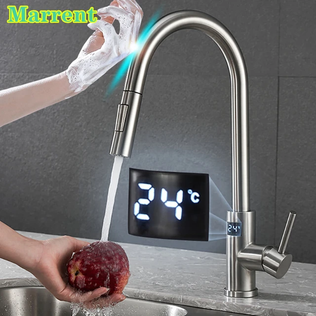 Grifos para fregadero de cocina, pantalla digital LED de temperatura, grifo  de cocina con rociador extraíble, grifos de cocina, grifo de fregadero de