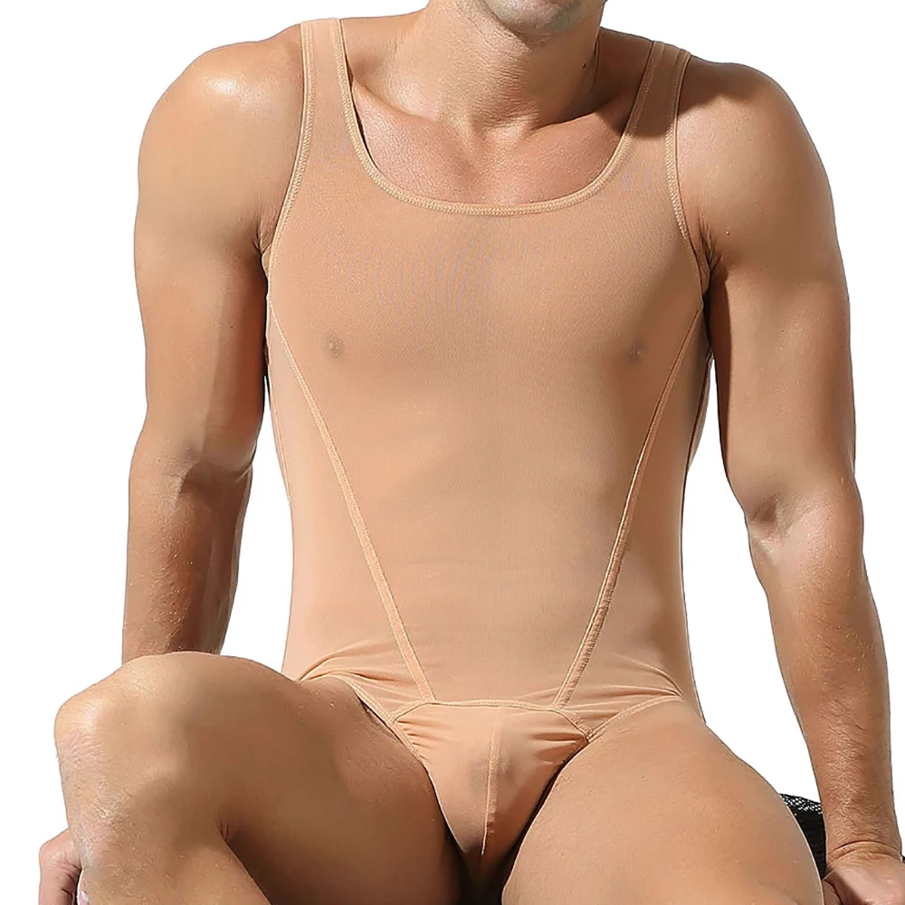 Men Undershirt Seamless Slip Mesh T-back Bodysuits Gay Underwear Wrestling Singlet