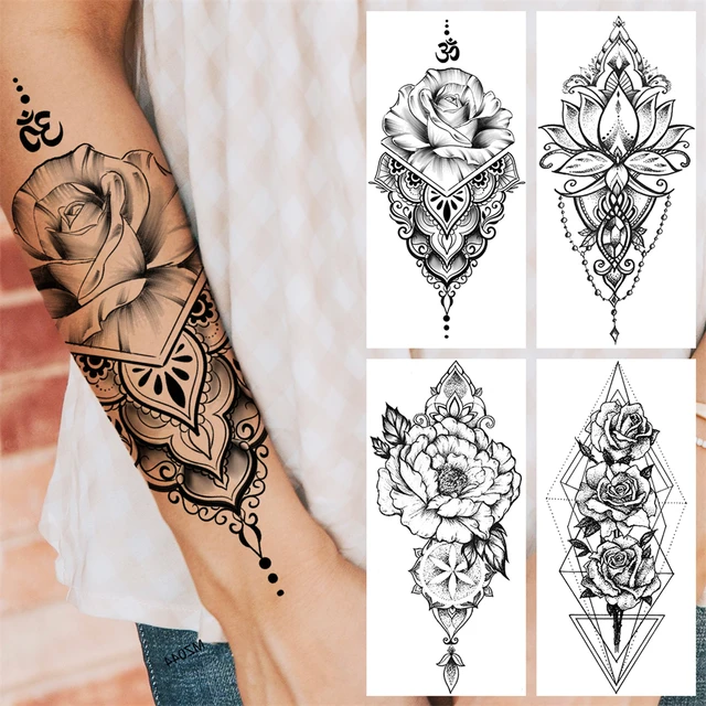 Realistic Rose Flower Mandala Temporary Tattoos For Women Girl Lotus  Pendant Geometric Fake Tattoo Body Art Painting Tatoo Paper - AliExpress