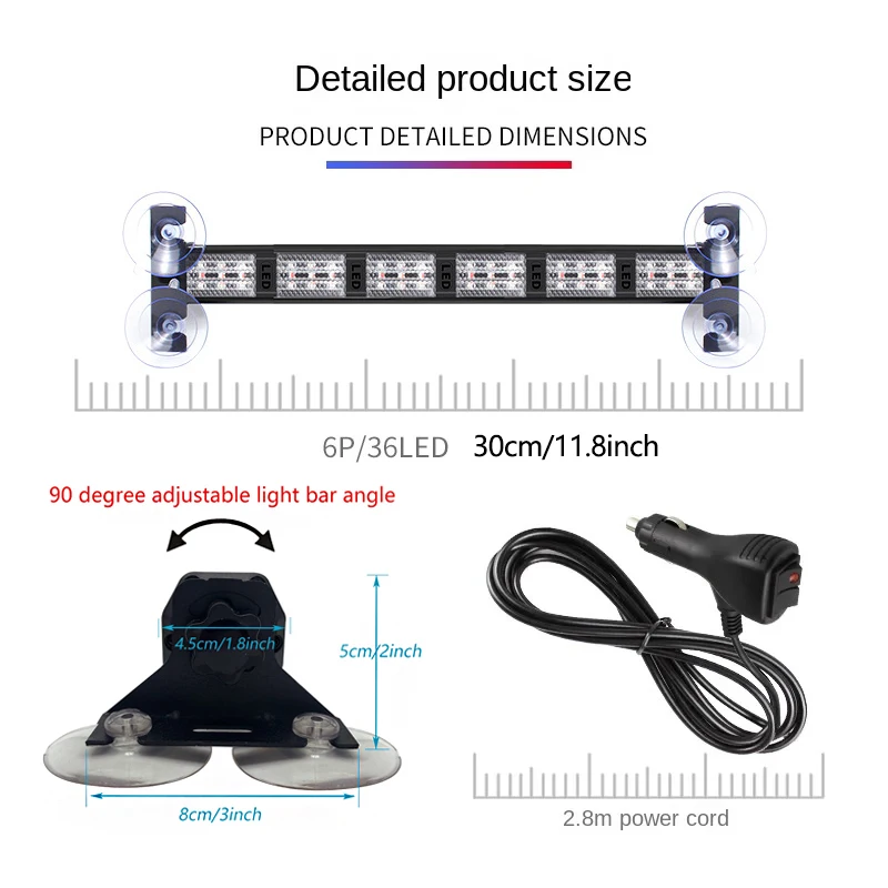 30CM LED Light Bar - 19 Flash Mode Amber White Emergency Strobe Light Strip 12V-24V Car Plug Power Mode for Motor Vehicles