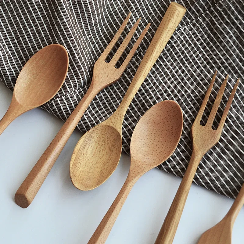 Natural Wooden Spoon Set Portable Eco-friendly Fork Tableware Cutlery Sets Travel Dinnerware Suit Simple Kitchen Tools