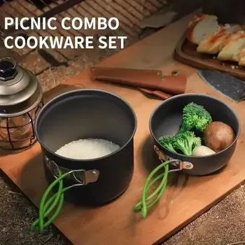 Set da cucina da campeggio all'aperto, forniture da cucina, set di pentole in materiale duro in lega di alluminio, attrezzatura da escursionismo e picnic