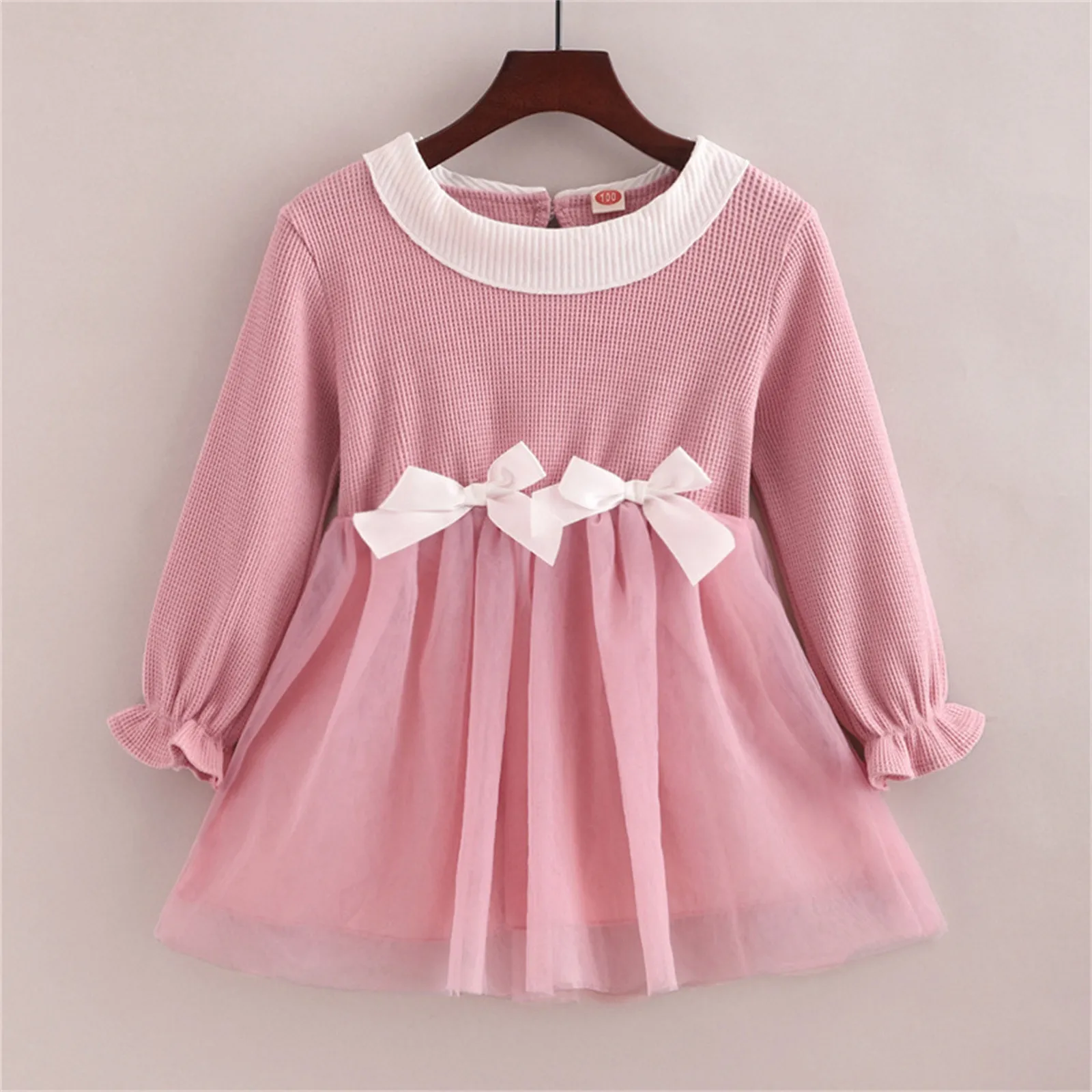 

Babies Toddler Kids Girls Dress Party Patchwork Mesh Tulle Dress Ruffle Bow Tie Long Sleeve Princess Dresses Clothes 1-6 Years