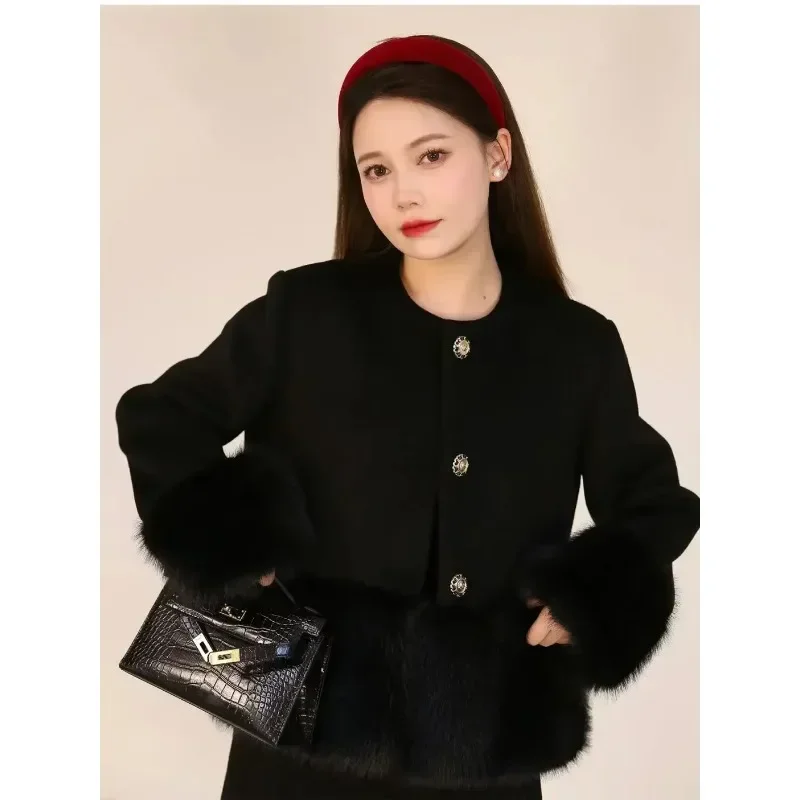 GkyocQ 2024 가을 겨울 두 조각 세트 여성 블랙 모피 스플 라이스 트위드 짧은 재킷 미니 스커트 정장 여성 스커트 세트