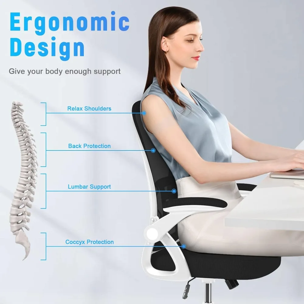 "ergonomic mid-back office chair with adjustable height, flip-up armrests, lumbar support, and breathable white design"