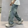 High street handsome men's jeans personalized graffiti printing casual pants spring and summer models trend loose straight pants 4