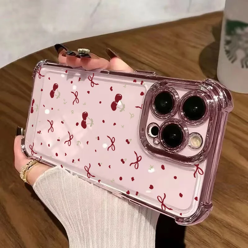 Chic Cherry Design Shockproof Clear TPU Phone Case with Luxury Plating Finish