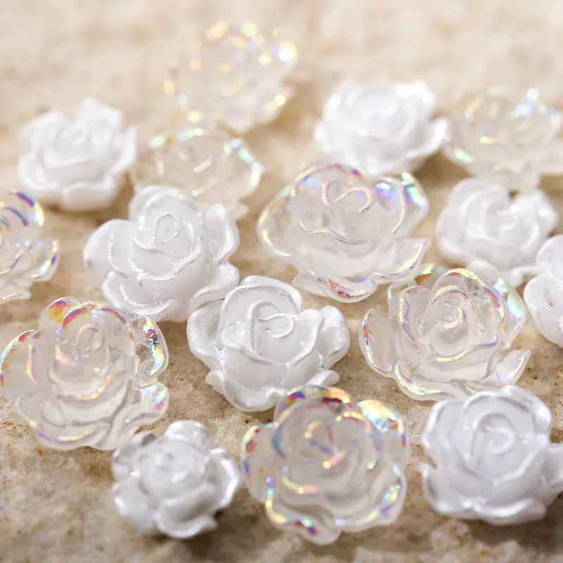 50PCS 6/8/10MM White Rose Flowers Charms For Wedding Nail Art Decoration 3D Resin Aurora And Glazed Petal Flower Pearl Beads
