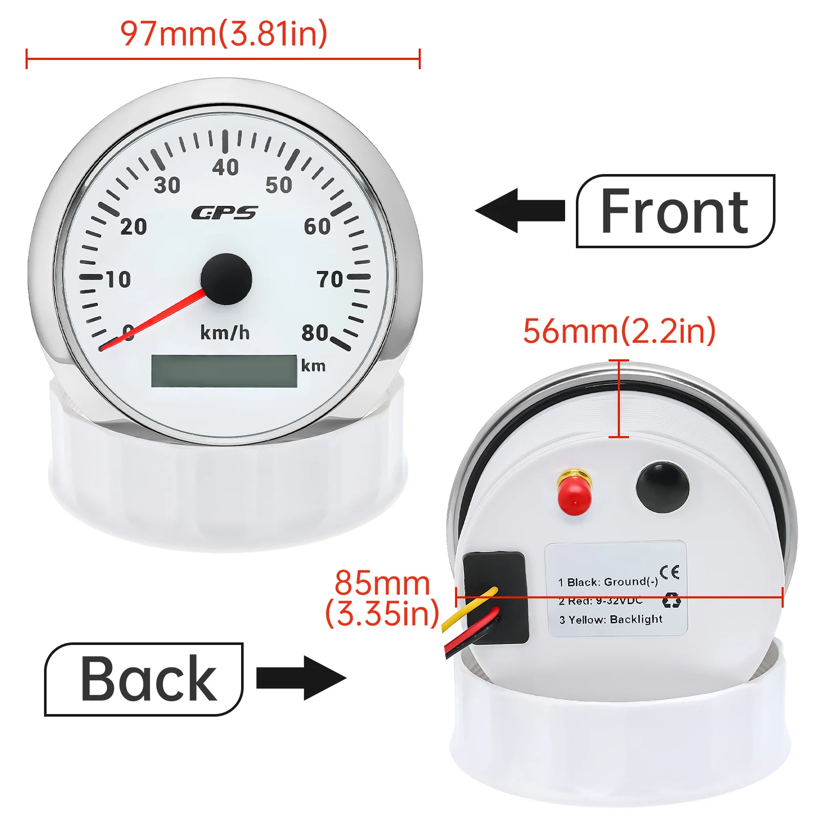 Tachimetro GPS Impermeabile KUS Per Barche, 85 Mm, Velocità In Nodi/km/h/mph, Retroilluminazione Rossa/gialla
