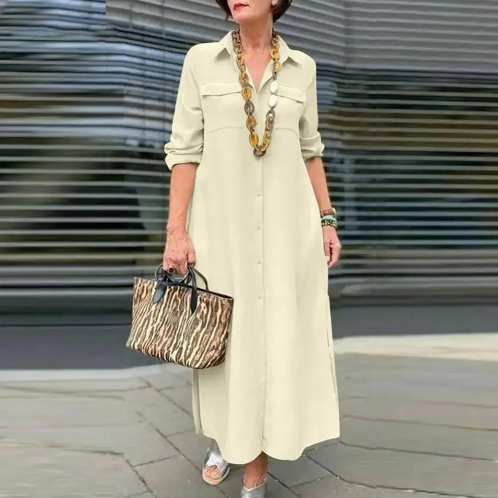 

2023 Fashion Women's New Elegant Solid Color Long Sleeve Button Poio Neck Elegant Dress Cotton Linen Single Breasted Robe