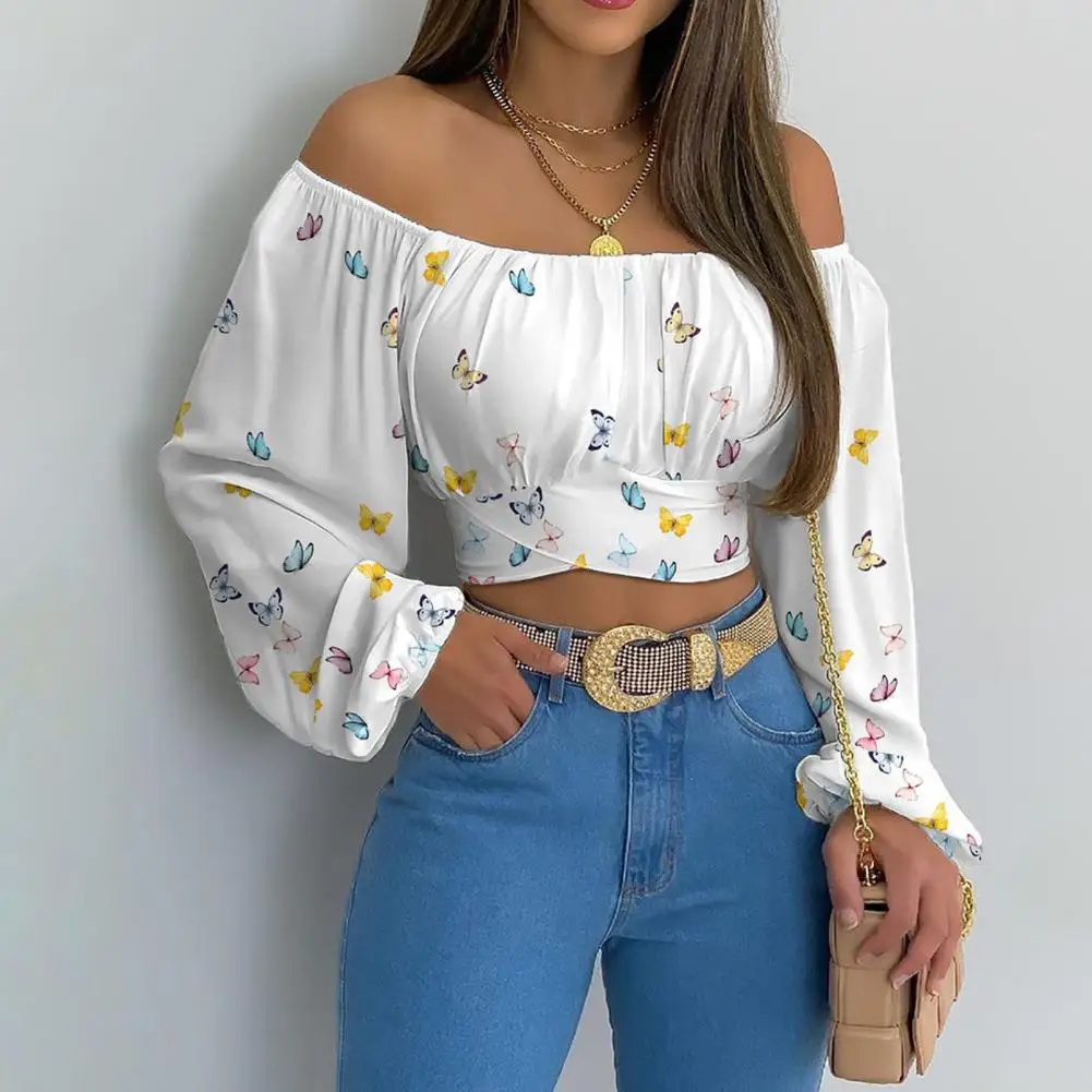 

Blouse Women Top Sexy Off Shoulder Strapless Butterflies Rose Flower Print Back Slim Cropped Ladies Shirt Blouse Streetwear