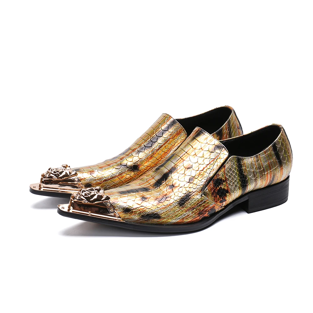 Luxury Gold Metal Pointed Toe Men Snakeskin Grain Real Leather Shoes Wedding Party Man Dress Oxford Shoes Business Formal