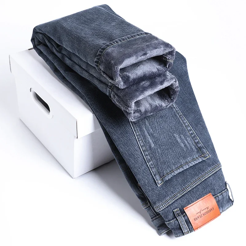 4 Colors Winter New Men’s Fleece Warm Jeans Slim Stretch Fashion Casual Denim Pants Classic Thickened Plush Male Clothing 6