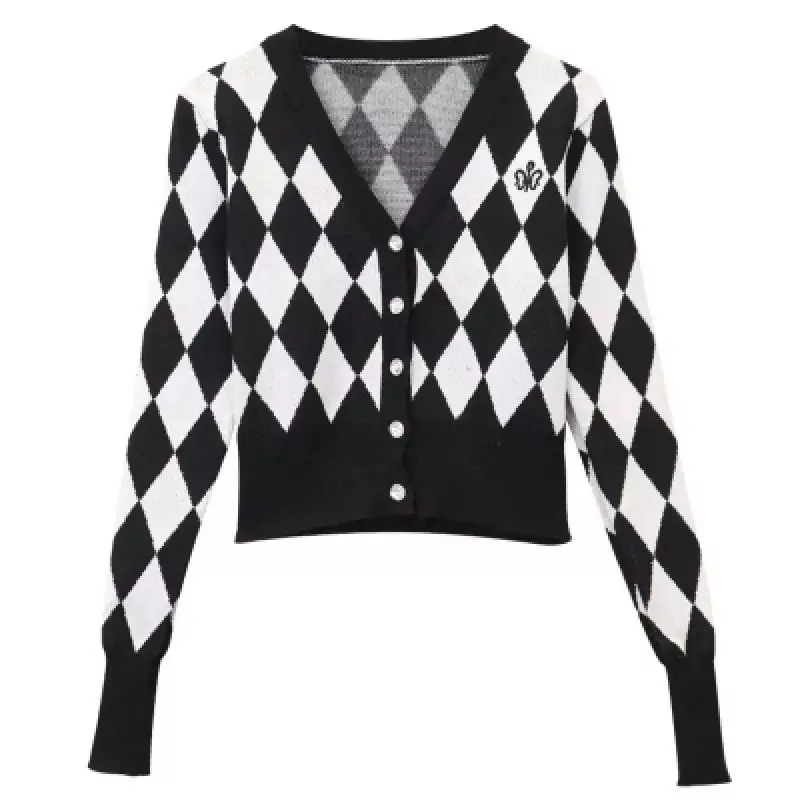 

Korean Style Spring Autumn Black White Checkerboard Patterns Knit Cardigans Outerwear Women's Sweater Preppy Style Students Coat