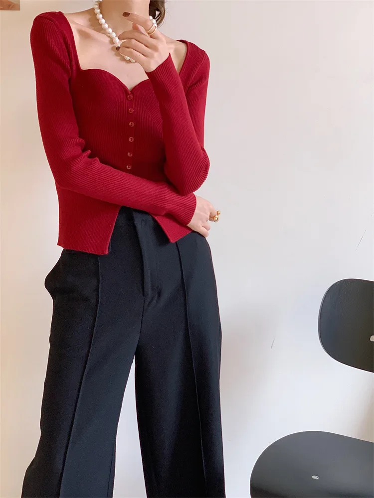 Women Red Sweetheart Neckline Cardigan Sweater