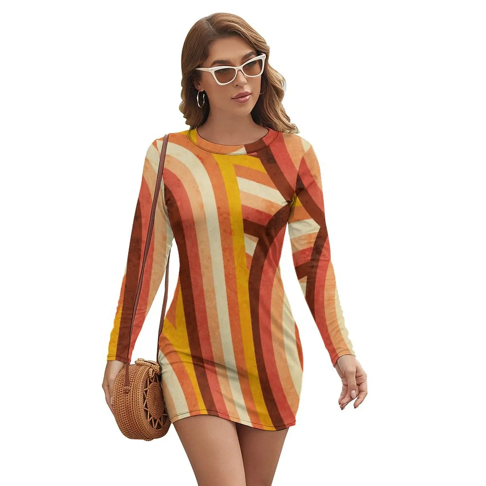 

Vintage Orange 70's Style Rainbow Stripes Long-sleeved Dress long dress women Women's dresses