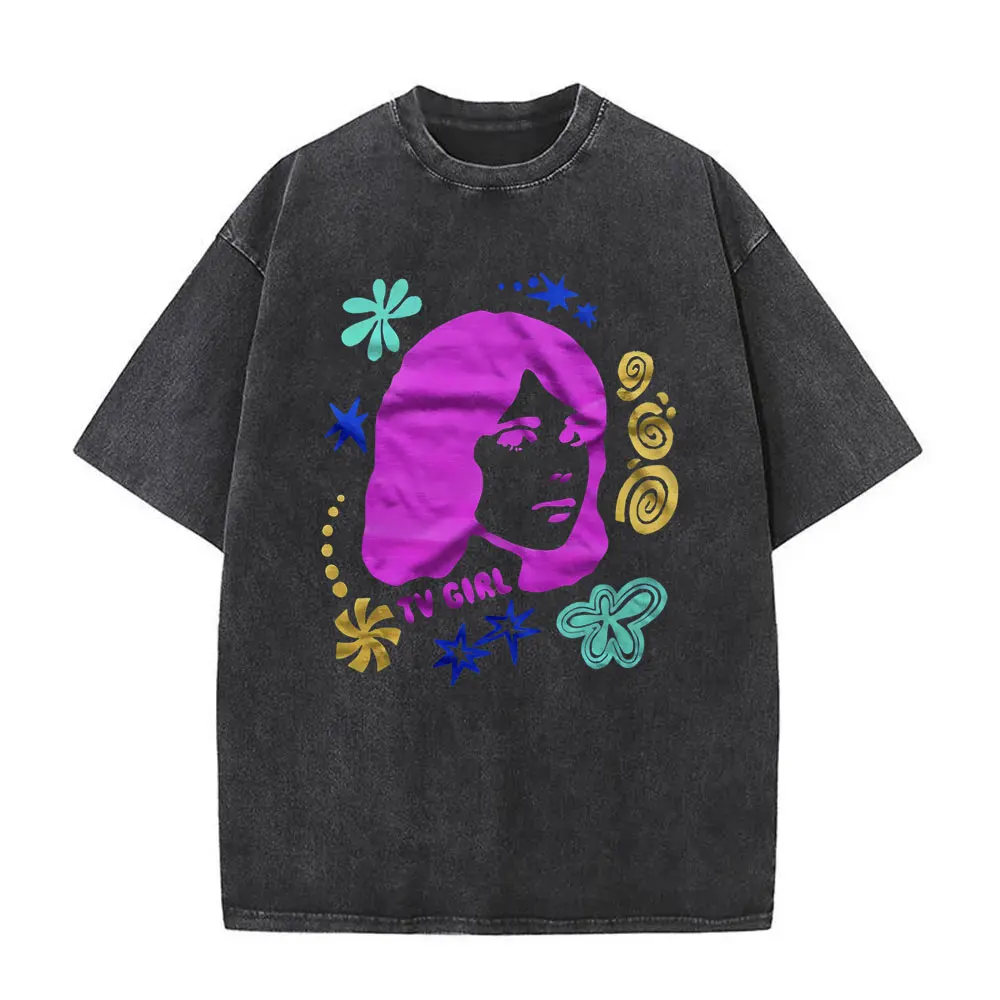 

Washed Vintage Cults TV Girl Album Cover T-shirts Men Women Casual Oversized Short Sleeve Tshirt Unisex Tee Streetwear Fans Gift