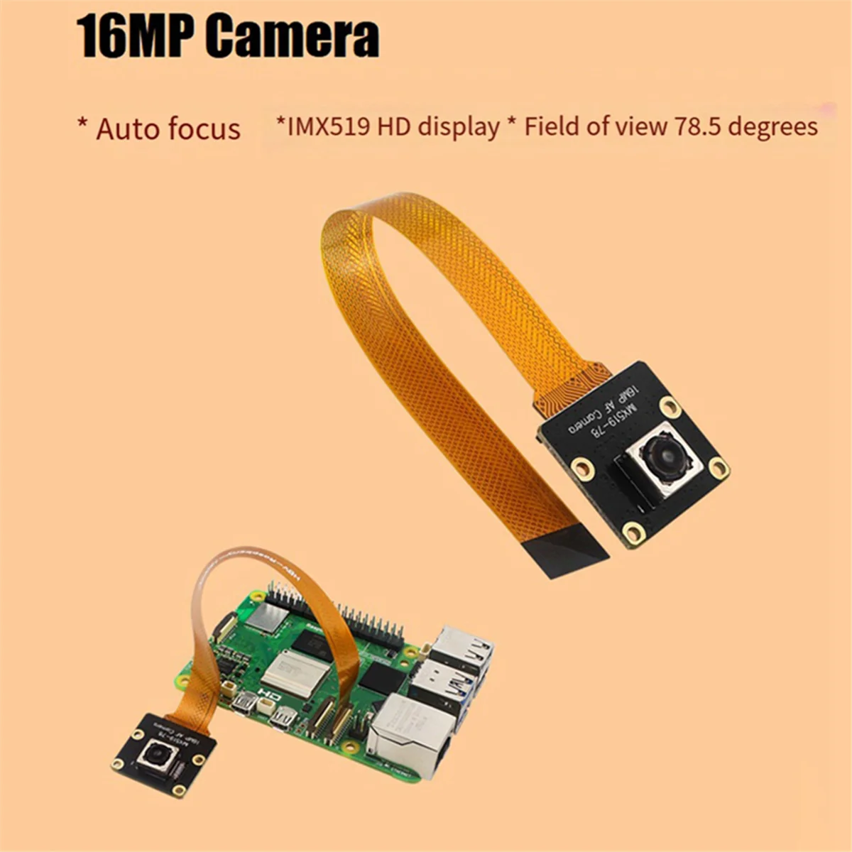 16MP Camera for Raspberry Pi5 Camera IMX519 Autofocus 78.5&deg; 4.28mm Module for Raspberry Pi5 RPi5 YDH