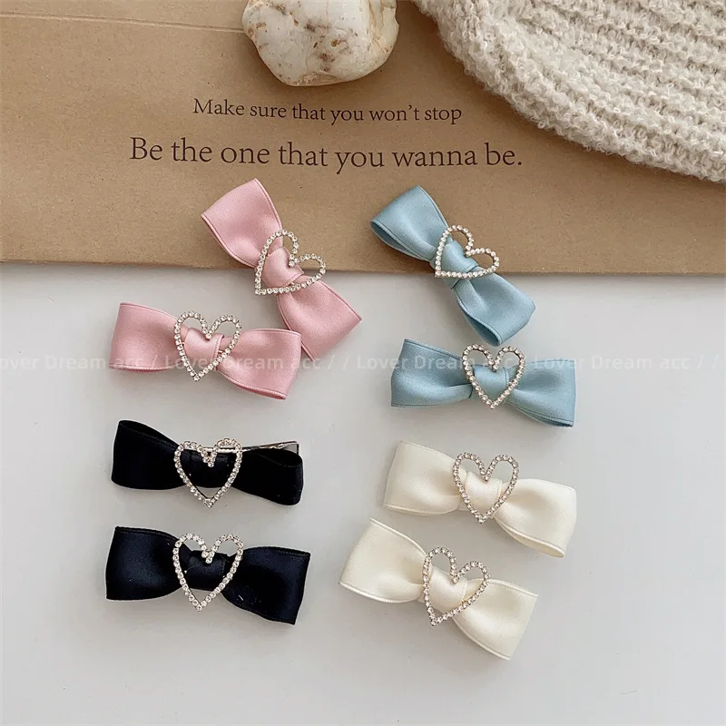 New 2pcs Set Bowknot Barrettes Crystal Heart Alligator Hair Clip Plain Color Hairpin Korean Sweet Ins Women Accessories Side Pin yiwi 2pcs color fluorescent pet label mark highlight mushroom hole notepad sticker