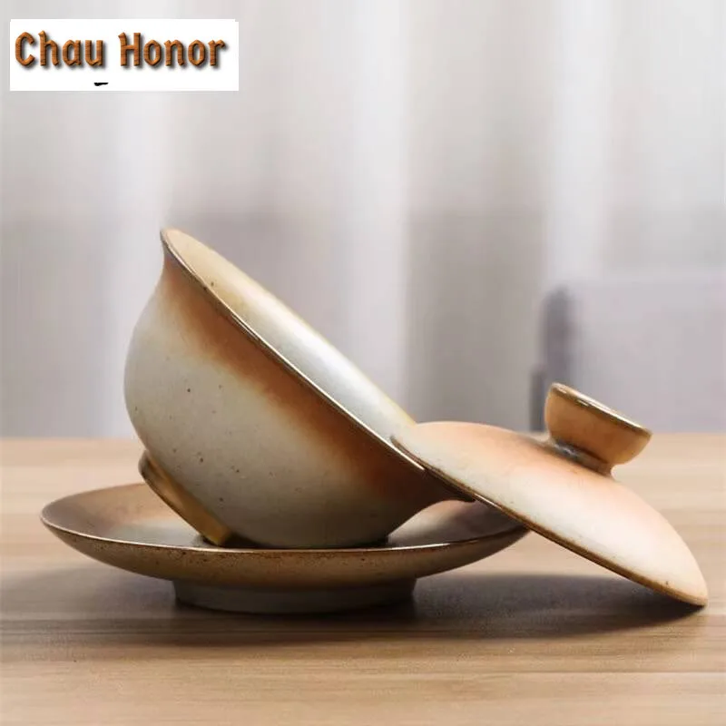 120ml Retro Coarse Pottery San Cai GaiWan Tea Cup Handmade Household Puer Kung Fu Teaset Tea Ceremony Drinkware Accessories Gift