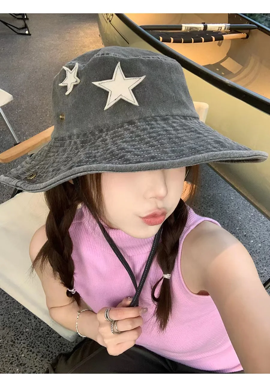 Hot Sale Punk Stars Bucket New Summer Y2K Star Pink Retro Big Brim Outdoors Sun Protection Girl Cowboy Hat Casual Jazz Cap_senzul.com