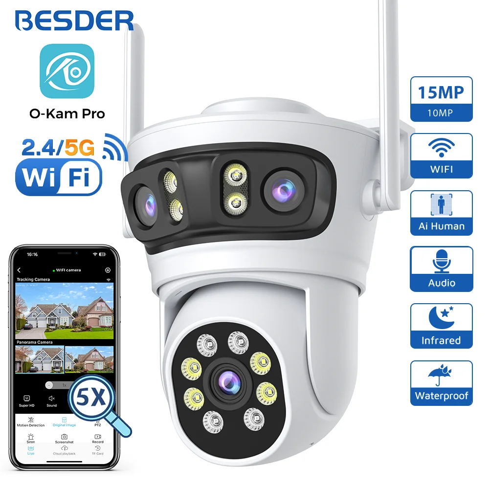 BESDER 15MP Wifi IP Camera PTZ 9MP Three Screen 180° Wide Angle Outdoor Auto Tracking CCTV Security Protection O-Kam Pro 1