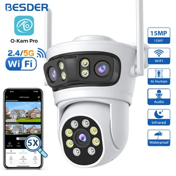 BESDER 15MP Wifi IP Camera PTZ 9MP Three Screen 180° Wide Angle Outdoor Auto Tracking CCTV Security Protection O-Kam Pro 1