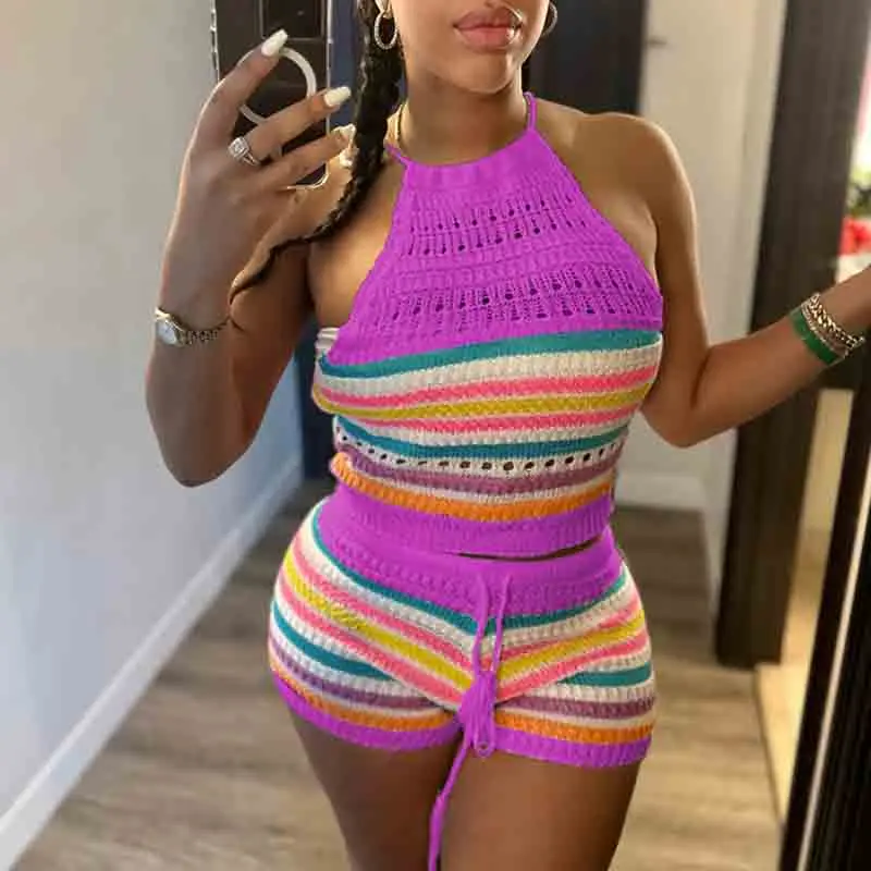 Women Sexy Short Sets Summer Women's New Sweater Fashion Open Back Hanging Neck Top & Wrapped Hip Tight Short Set Beach Style