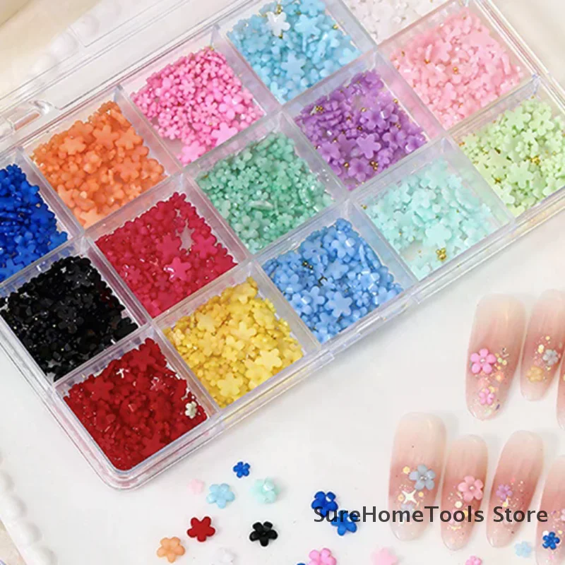 12/15 Grids 3D Colorful Resin Five-Petal Flower Nail Charms Luxury Rhinestones DIY Manicure Salon Accessories