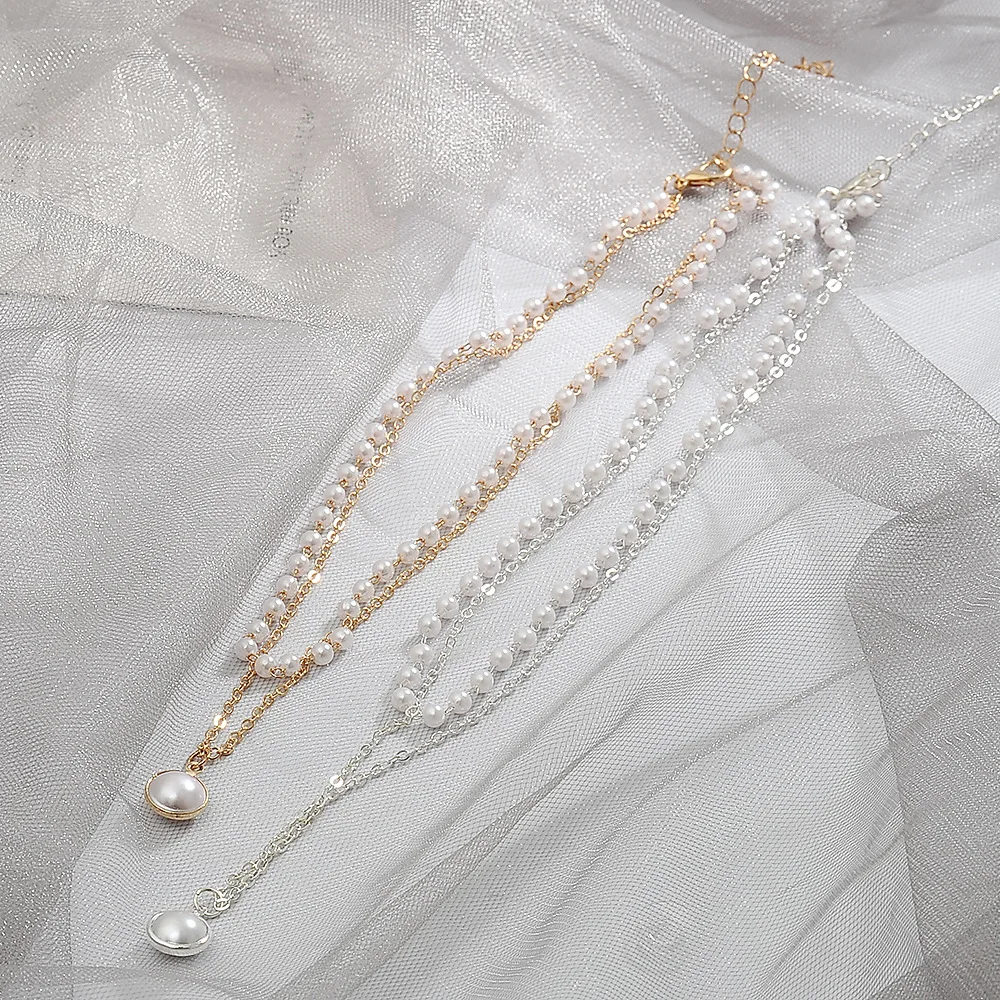 Kiss Jewelry Vintage Gold Color Pearl Beaded Necklace Women Double Chains Pearl Pendant Choker Korean Fashion