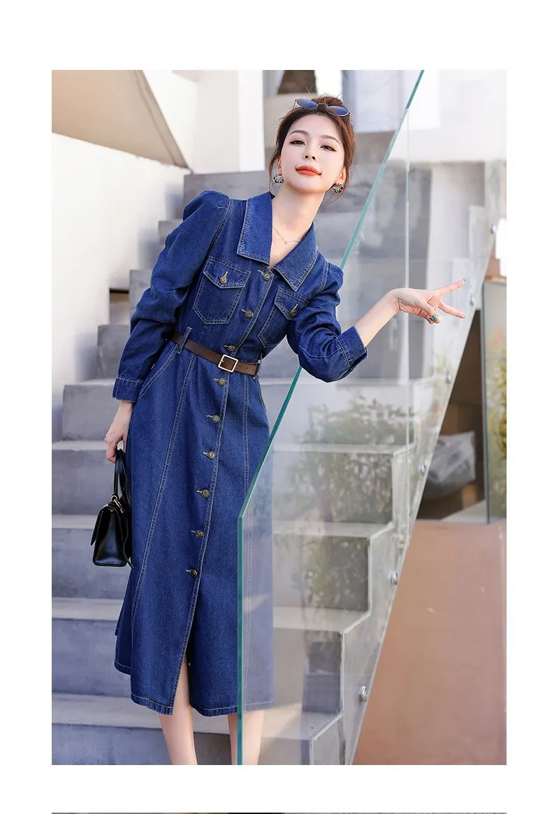 women's blue jean dress SHEIN Frenchy Women's Elegant Navy Blue Denim Dress,Autumn Fitted Button Down Shirt Dress,Seksi Chic Night Out Jean Dress For Curvy Women,Casual Washed Blue Denim